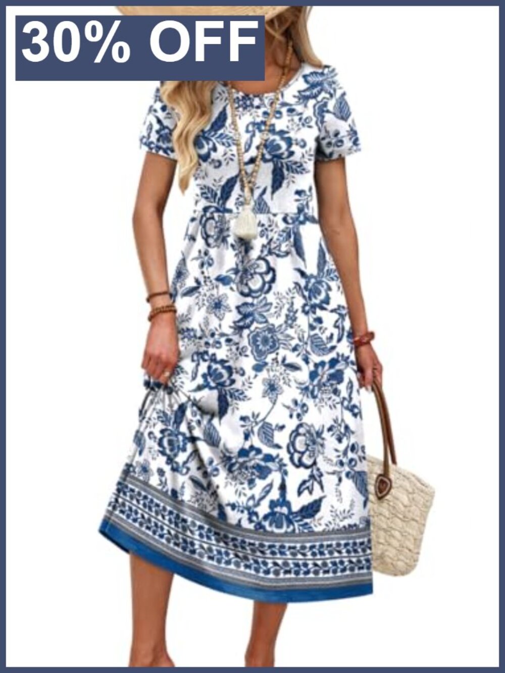 Women's Casual Midi Dress with Pockets Crewneck Short Sleeve Flowy Beach